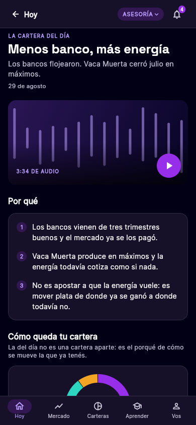 Pantalla de la cartera del día: el audio del equipo y las razones del movimiento.