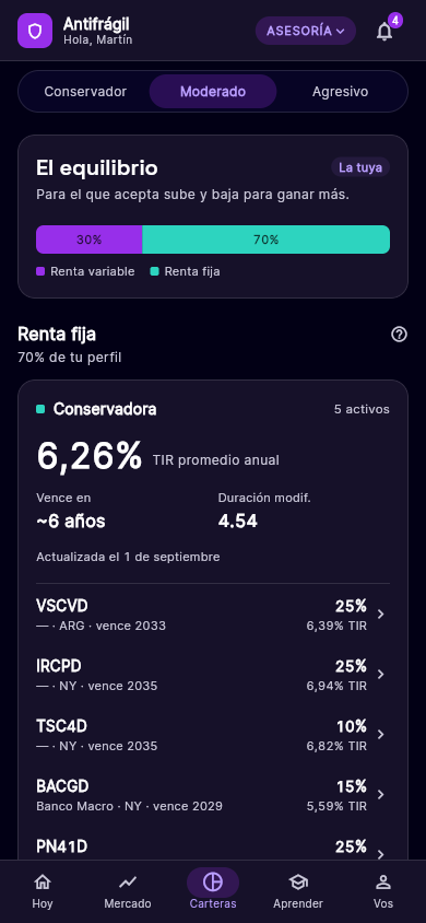 Pantalla de carteras de la app: la mezcla entre renta fija y variable según el perfil.