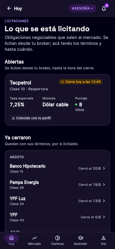 Pantalla de licitaciones de la app: qué se licita y cuándo cierra.