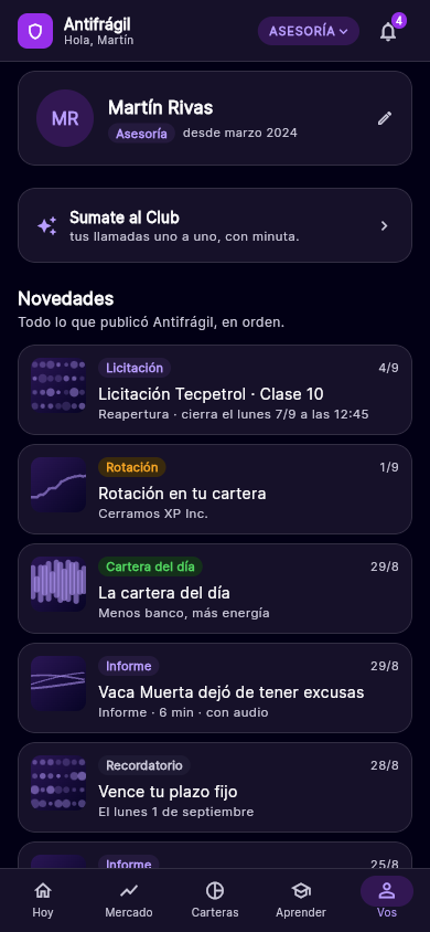 Pantalla de novedades de la app: licitaciones, rotaciones e informes con su fecha.